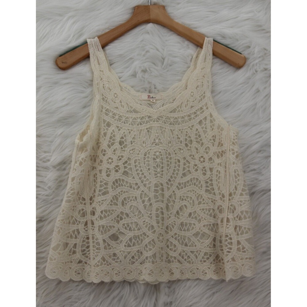 Nabee Womens Crochet Overlay Sleeveless Ivory Cream Top Cotton S Boho Grannycore